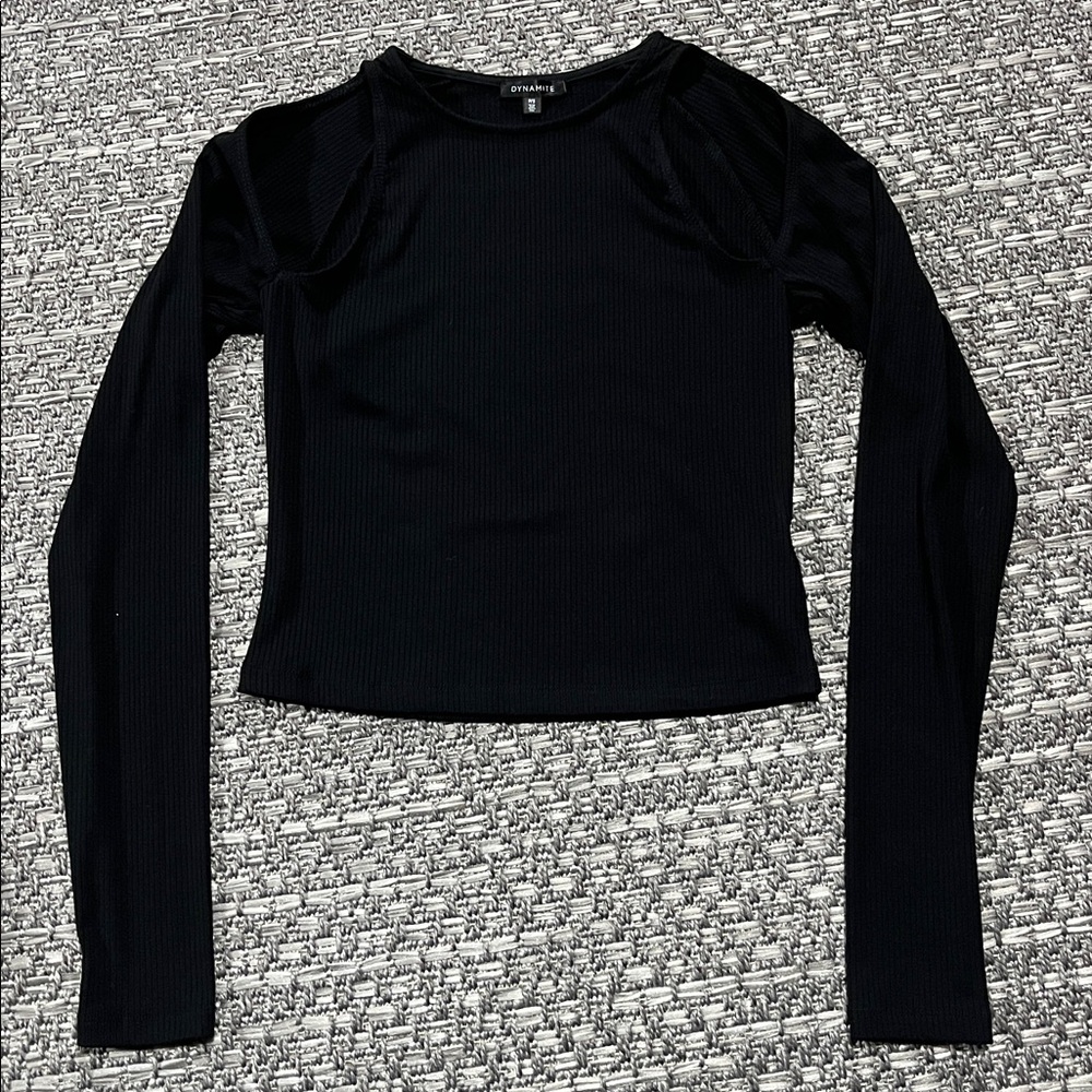Dynamite | Long Sleeved Ribbed Open Shoulder Crop Top